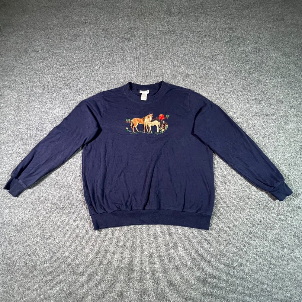 Vintage Bon Worth Sweatshirt Women Large Navy Blue Horse Embroidered Cottagecore